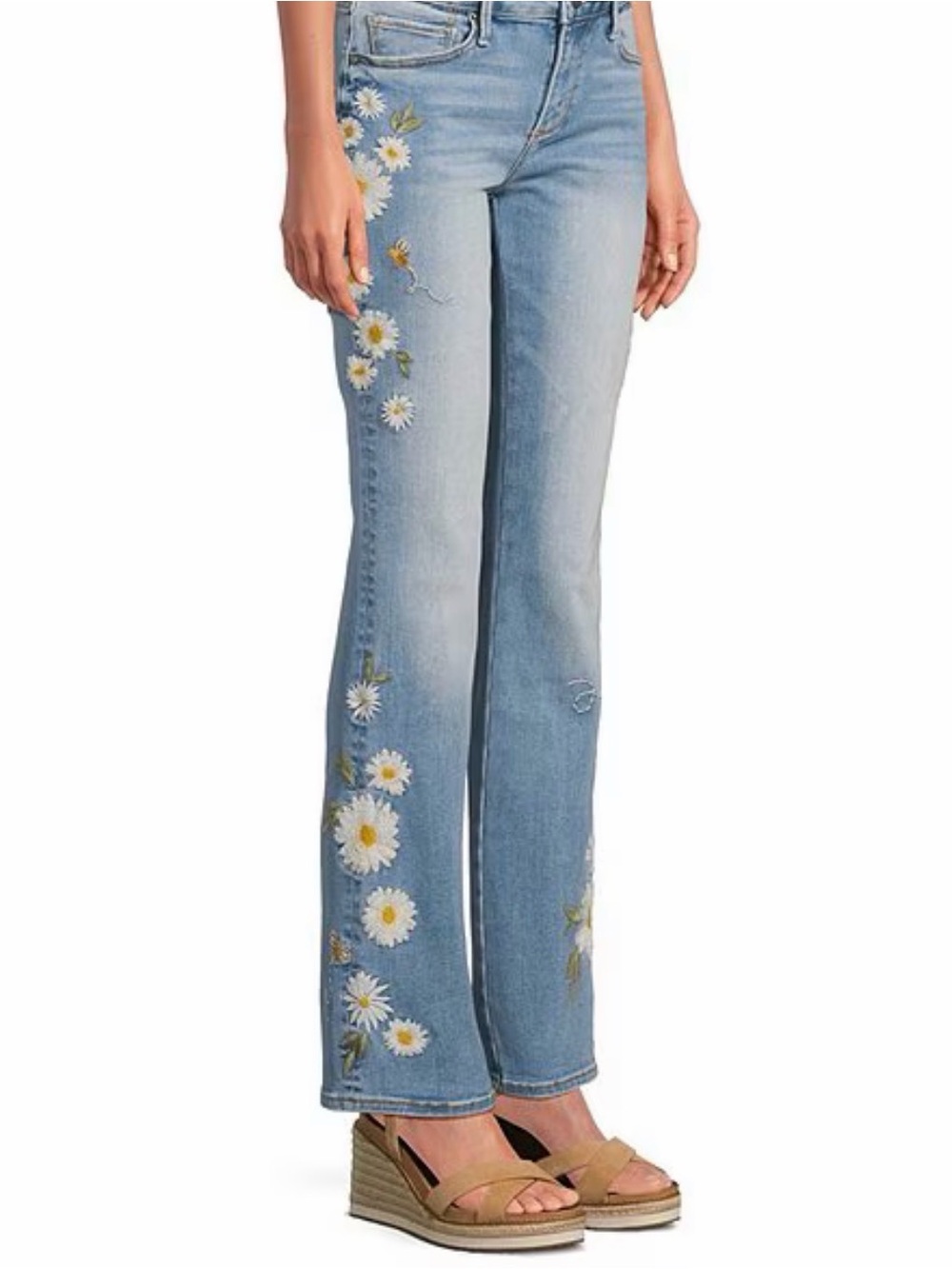 DRIFTWOOD Light Blue Daisy and Bumble Bee Embroidered Boot Cut Jeans
